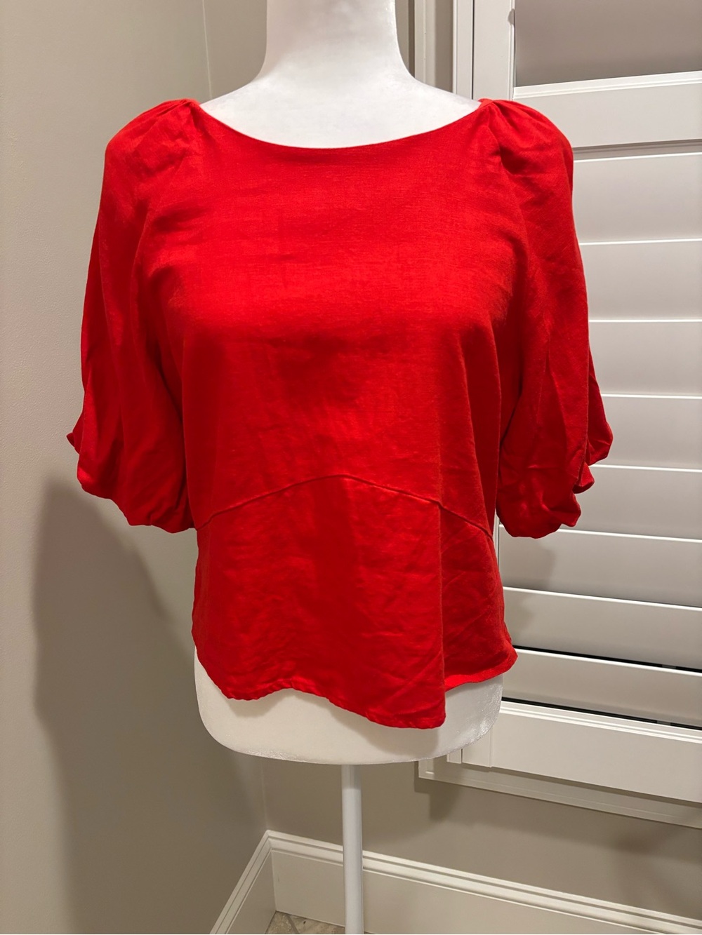 DKNY Red Puff-Sleeve linen blend Women's Top - Large